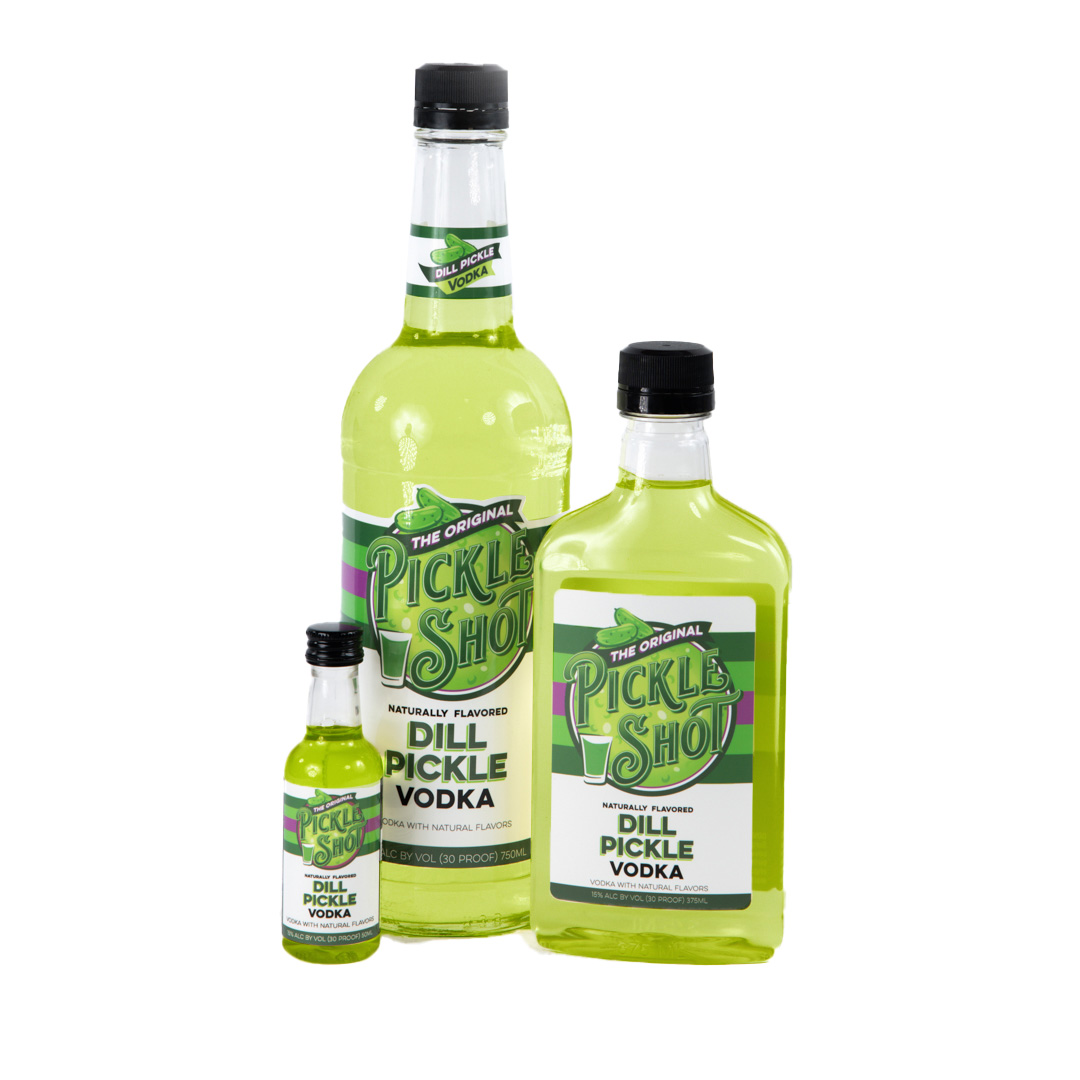 Pickle Shot Dill Pickle Vodka 750mL bottle, 375mL bottle and mini